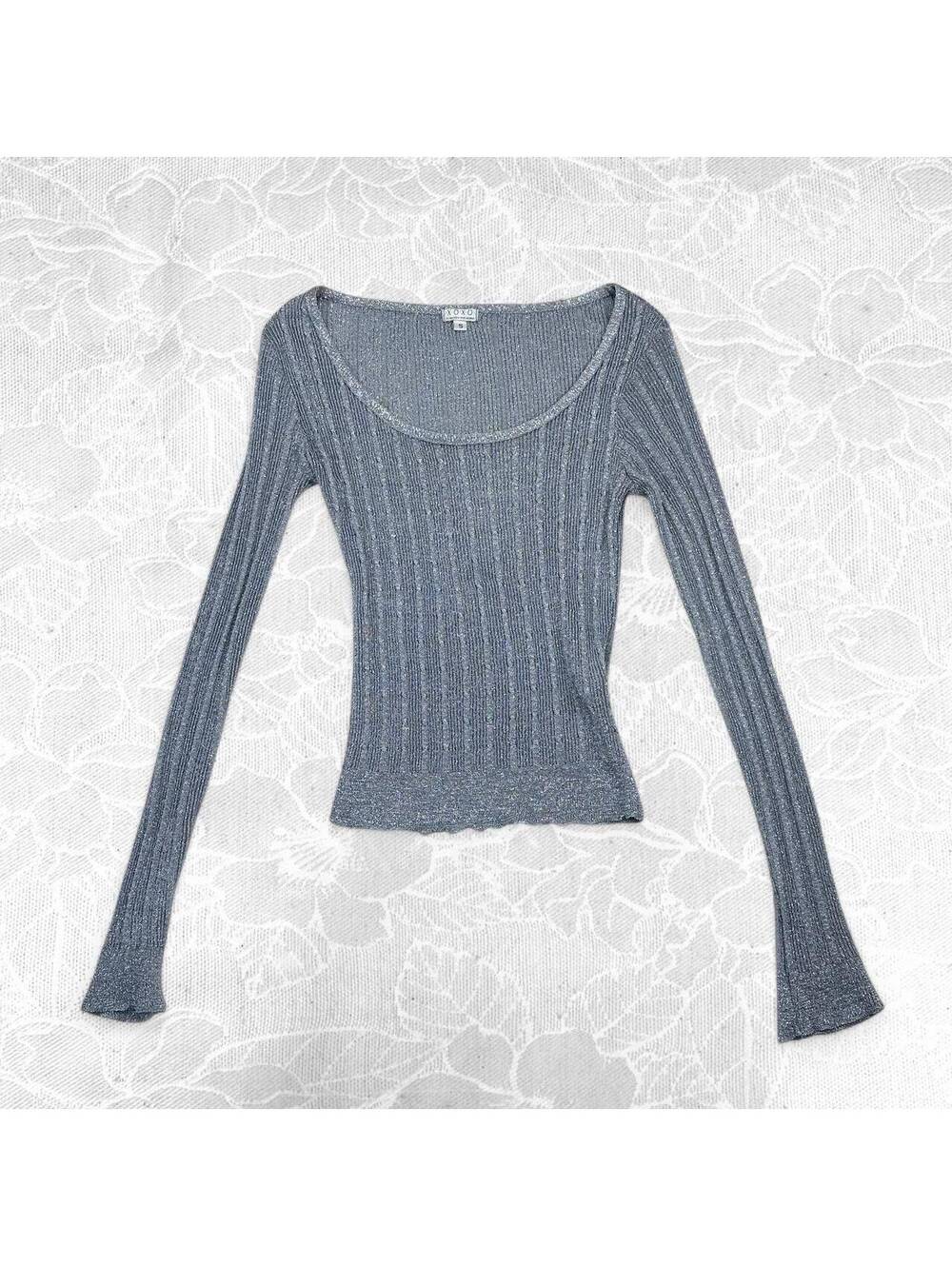 XOXO Y2K Gray and Silver Ribbed Knit Long Sleeve Top - Small